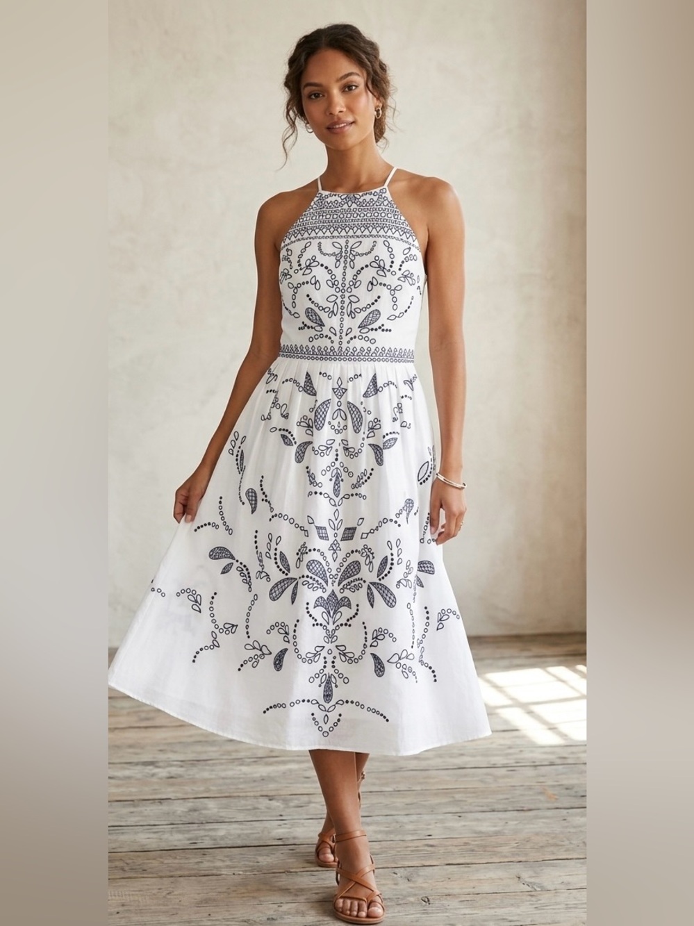 Parker White Midi Halter Dress with Navy Embroidered Motif Sz S